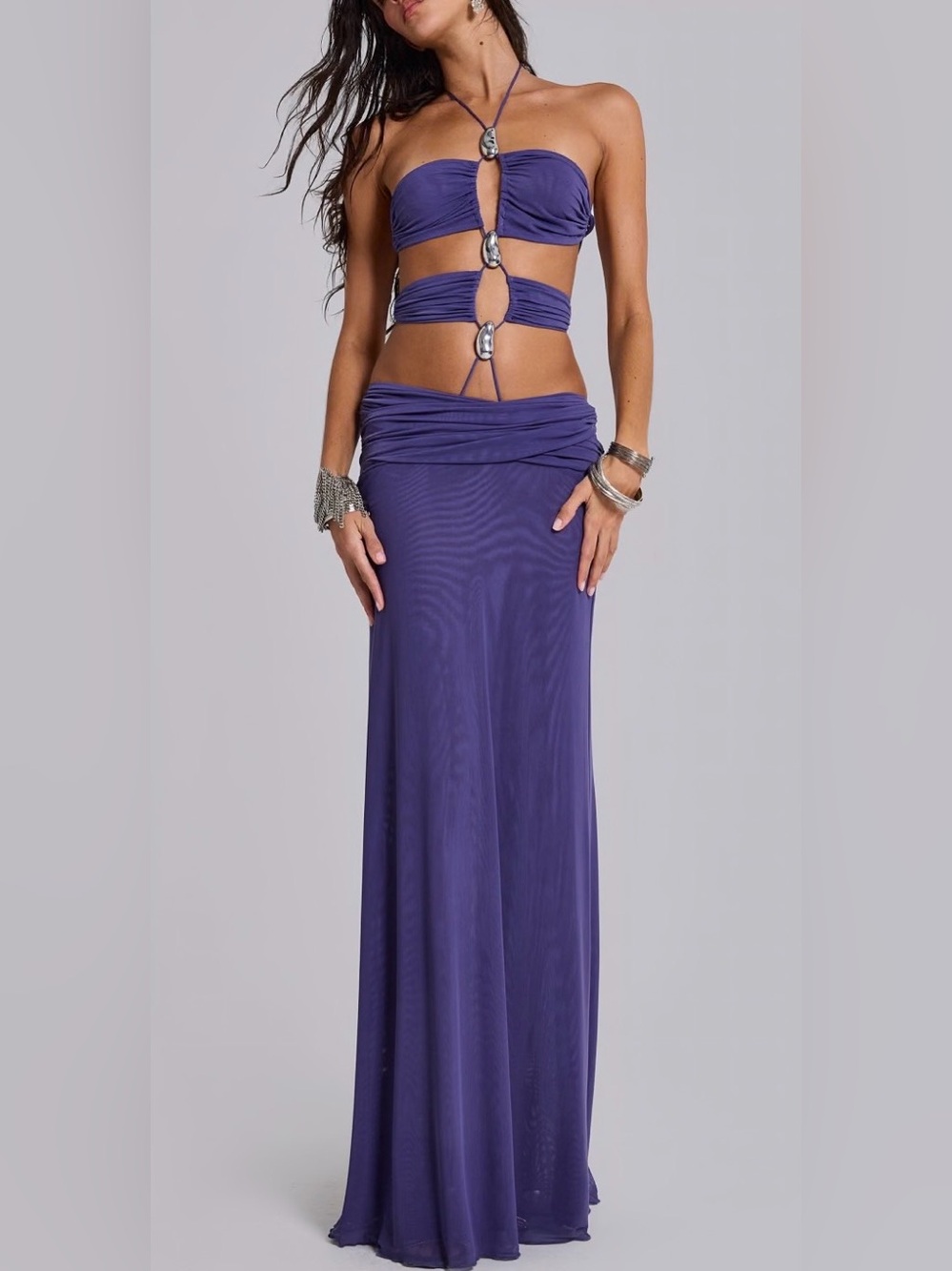 Jaded London Trim Detail Lace Up Maxi Dress in Purple sz 0